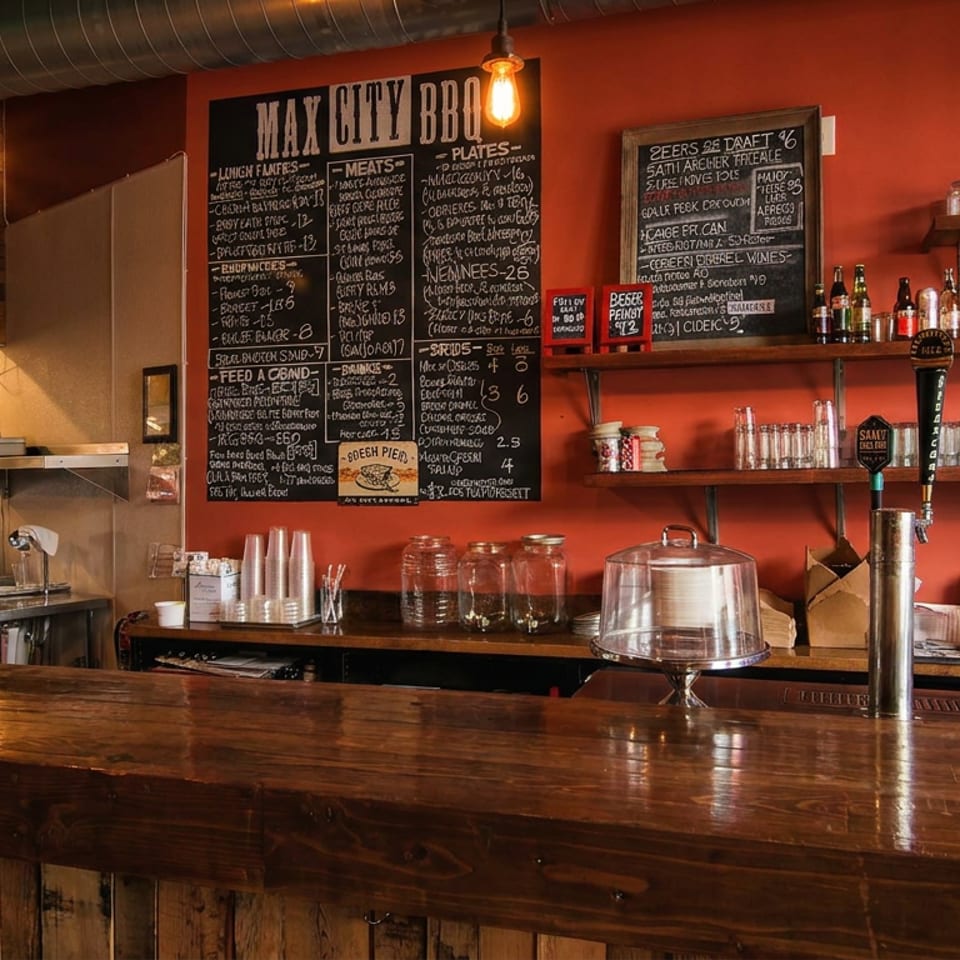 A rustic Max City BBQ restaurant interior with a wooden bar, menu boards, and kitchen in the background.