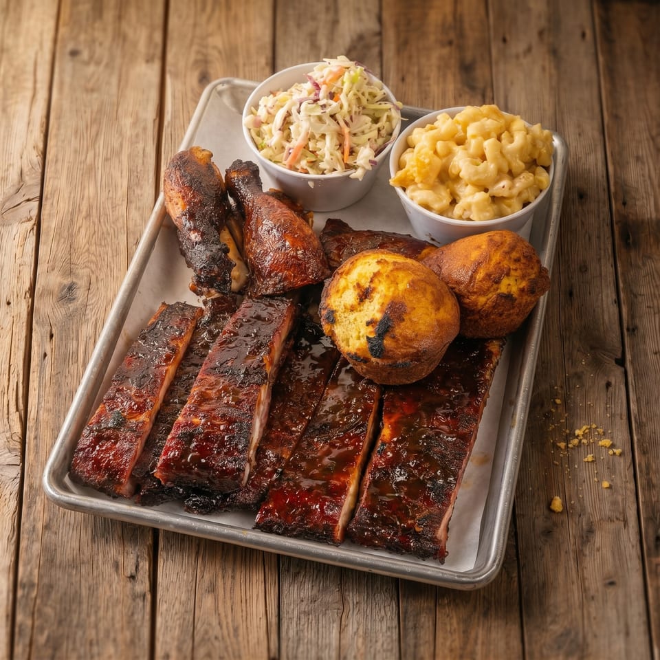 Barbecue platter with glazed ribs, smoked meats, cornbread, macaroni and cheese, and coleslaw on a wooden table.