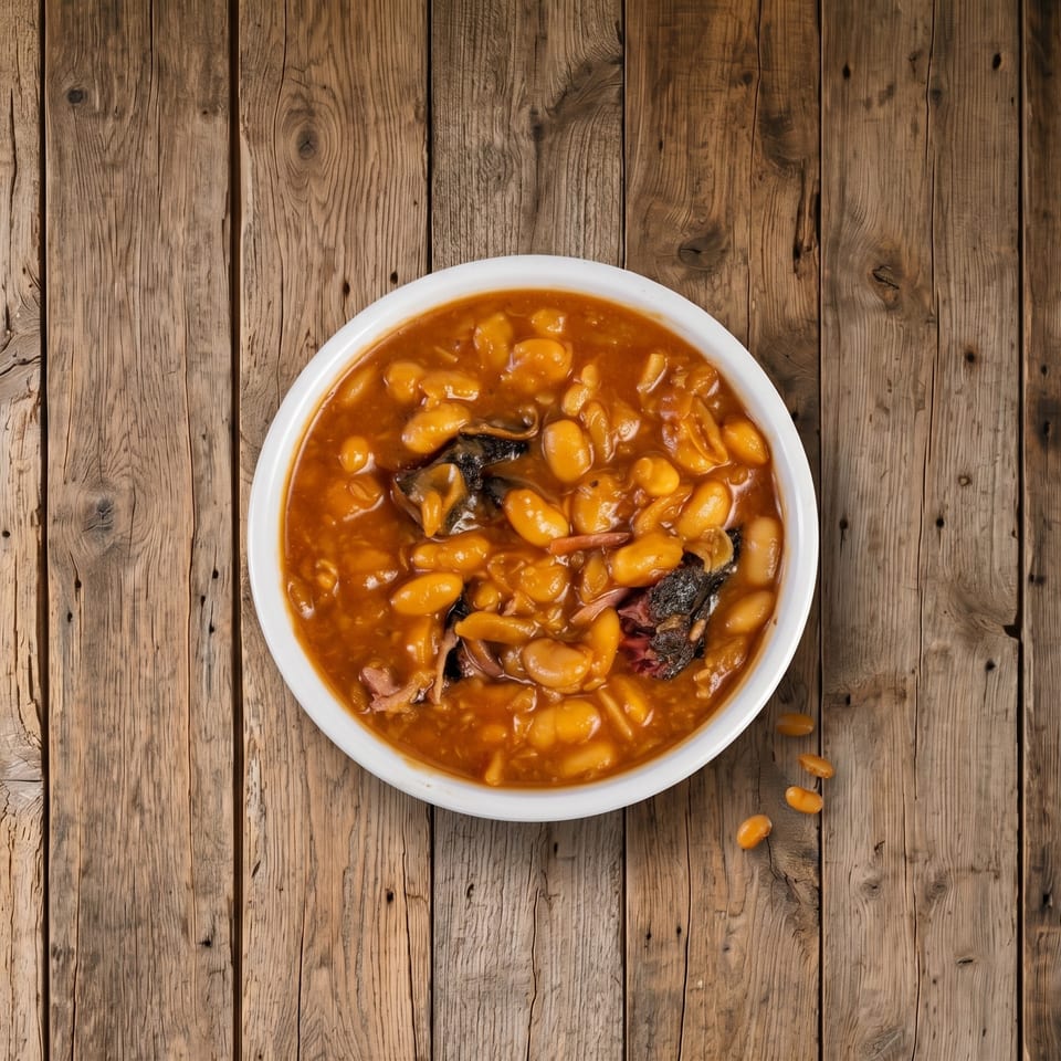 Bowl of beans, bacon, and sausage in rich tomato sauce on a rustic wooden table.