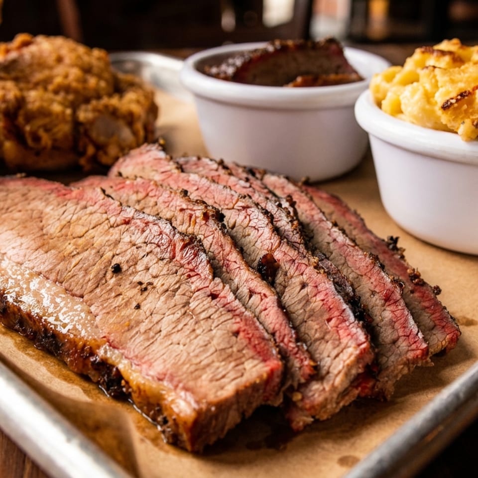 Sliced brisket, fried chicken, mac and cheese, and baked beans on a metal tray.