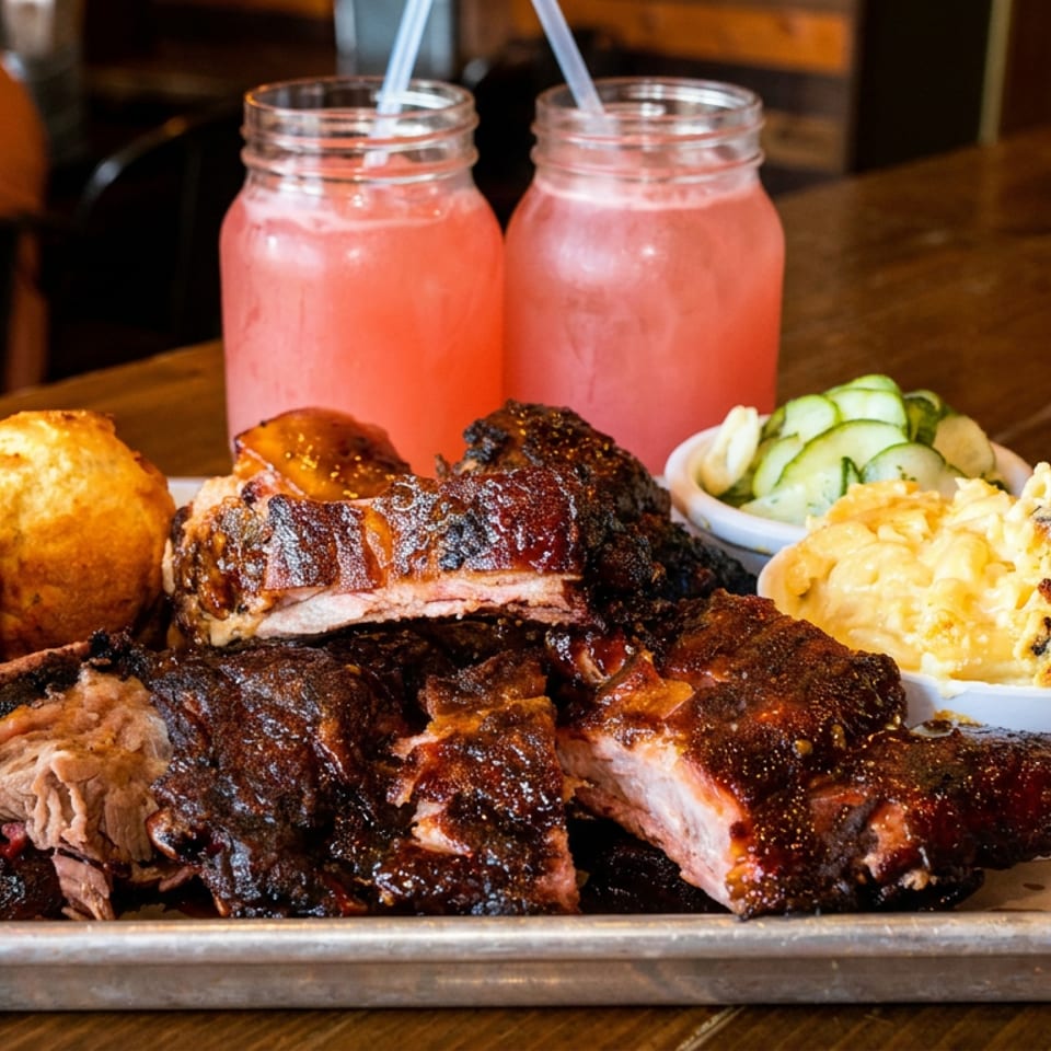 A tray of BBQ ribs, cornbread, mac and cheese, pickles, and two pink drinks.