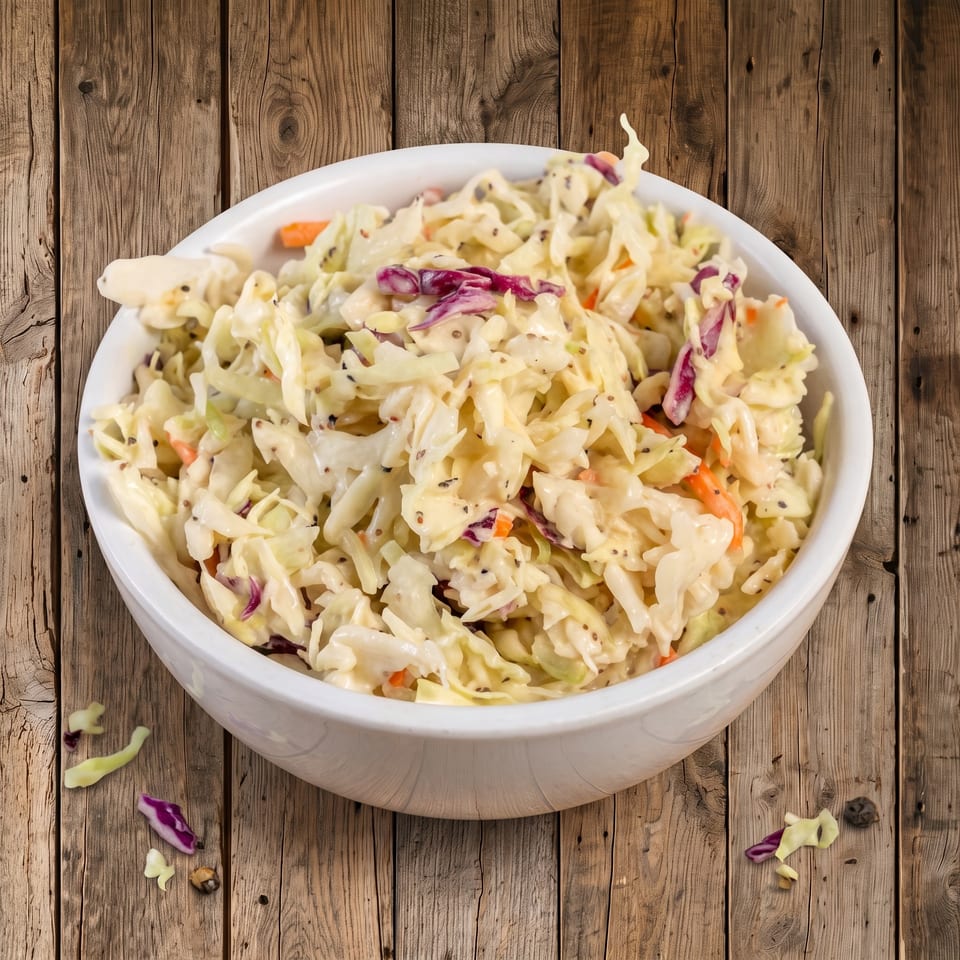 Creamy bow-tie pasta salad with shredded cabbage, carrots, and purple cabbage in a white bowl on a wooden table.