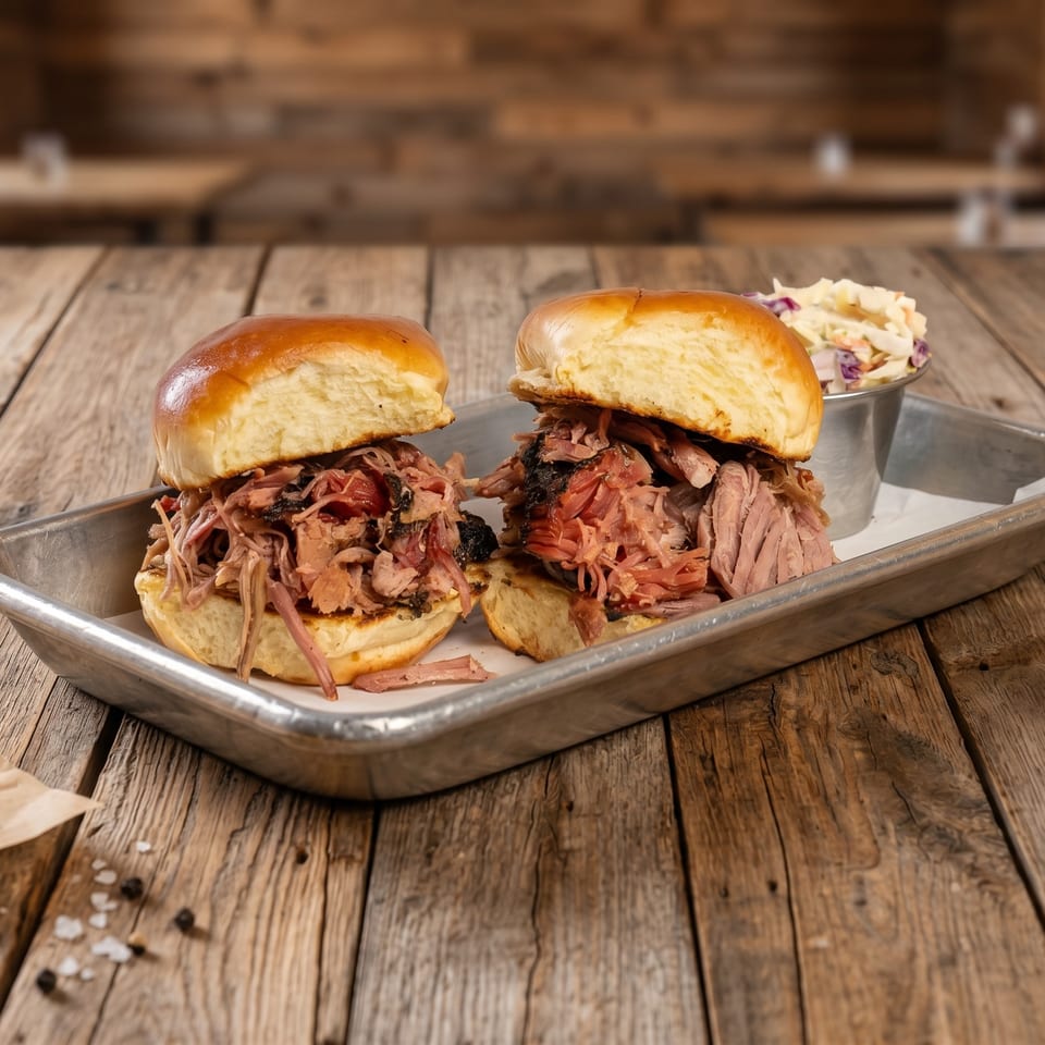 Two pulled pork sandwiches on toasted buns sit in a metal tray with coleslaw on a rustic wooden restaurant table.