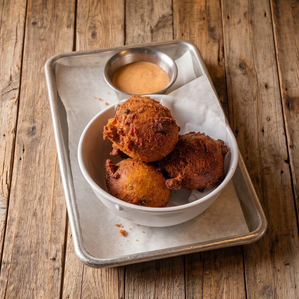 Crispy fried food pieces in a white bowl with dipping sauce, served on a parchment-lined metal tray atop a rustic wooden table.