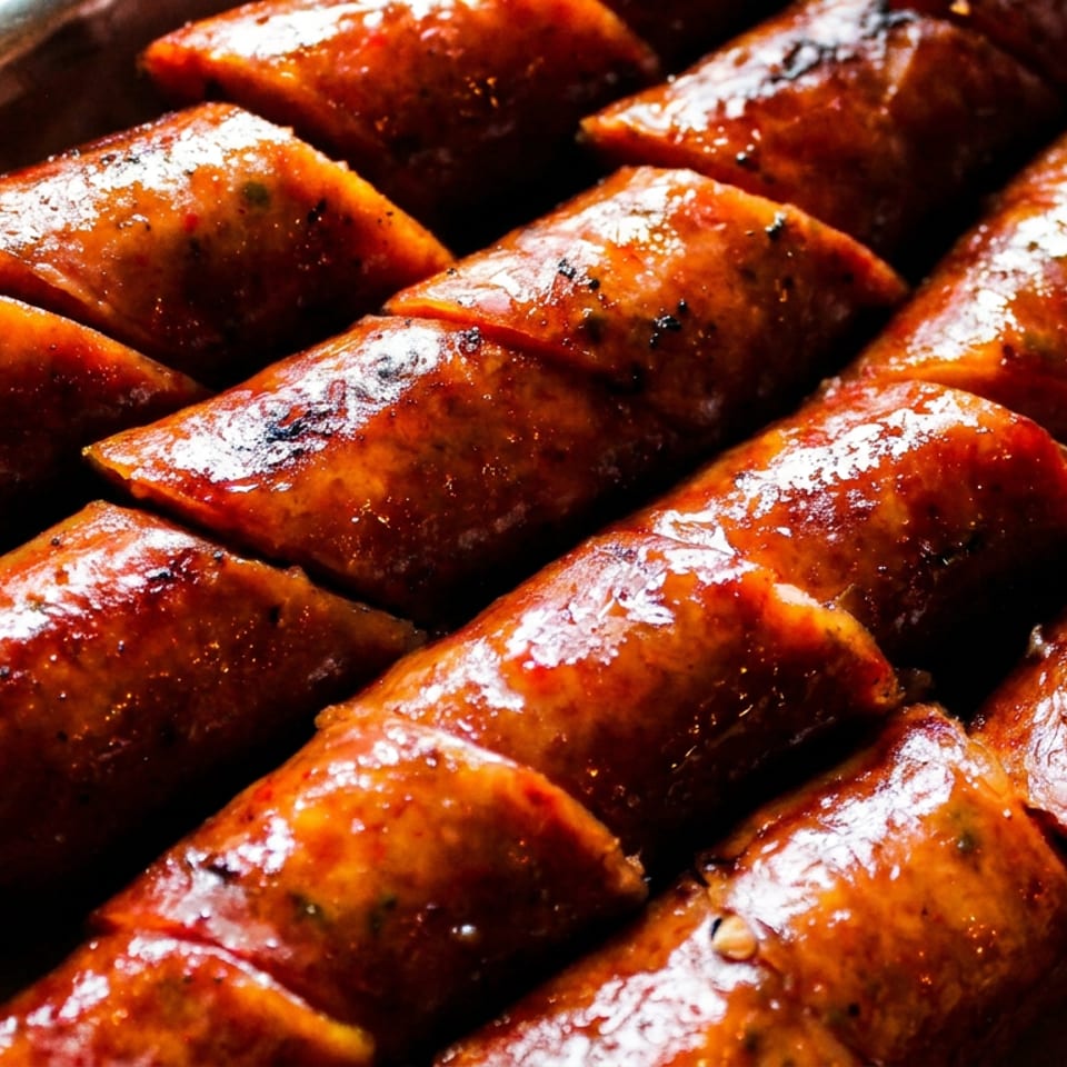 Close-up of glistening, grilled sausage links, sliced into bite-sized pieces, arranged in rows on a tray.