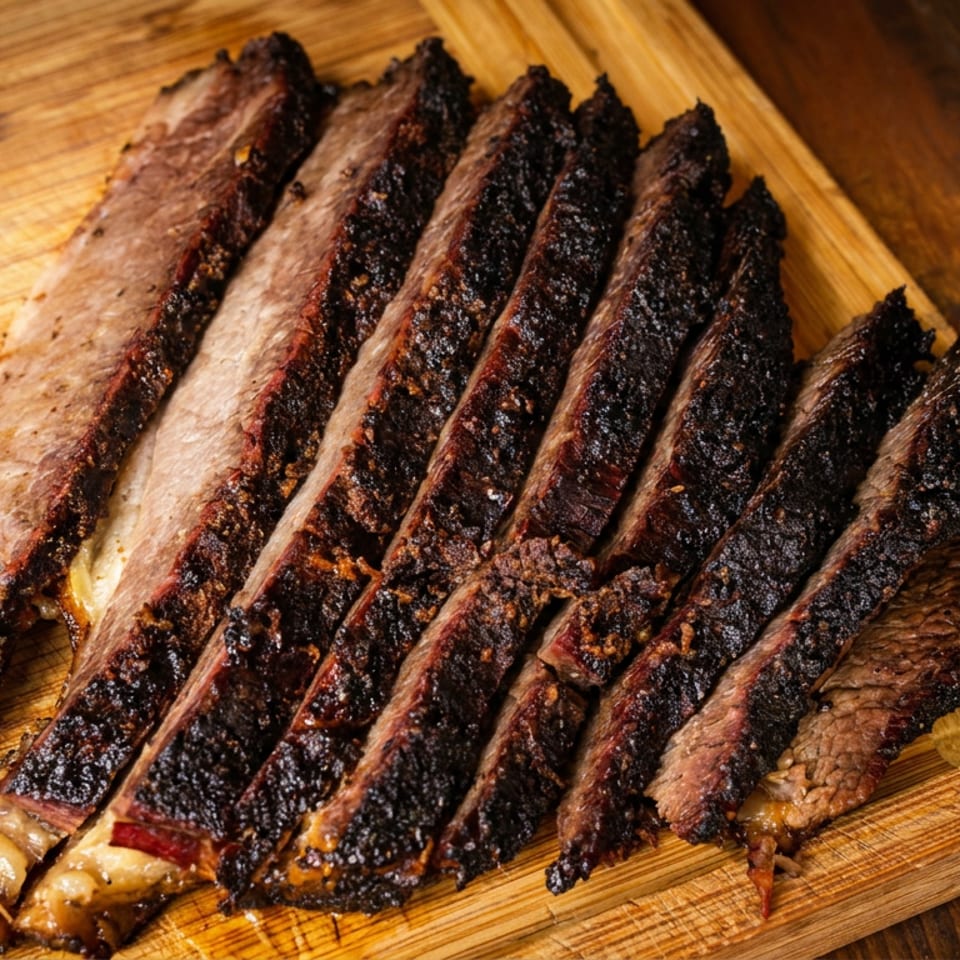 Slices of smoked brisket with a dark, crispy bark and juicy interior on a wooden cutting board.