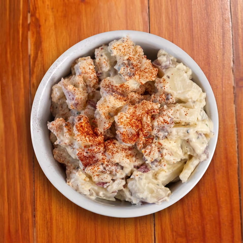 Creamy potato salad topped with paprika in a white bowl on a wooden table.