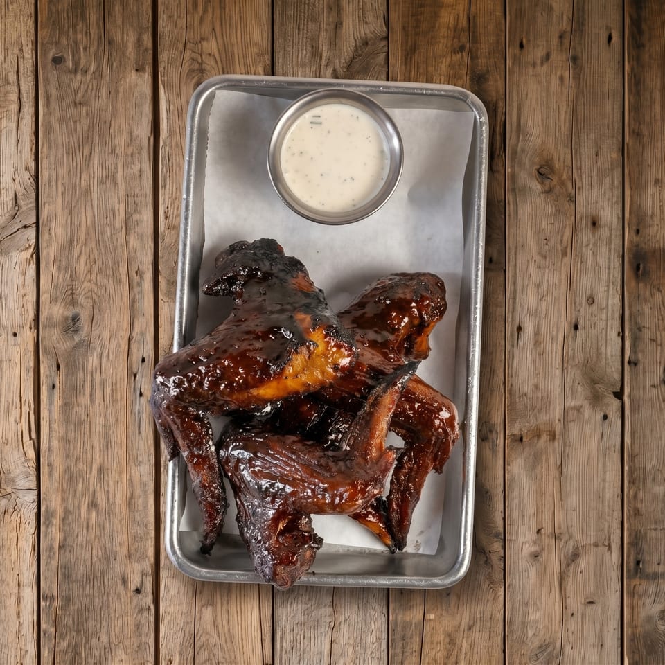 Glazed barbecue chicken wings arranged on a metal tray with creamy dipping sauce over a rustic wooden table.