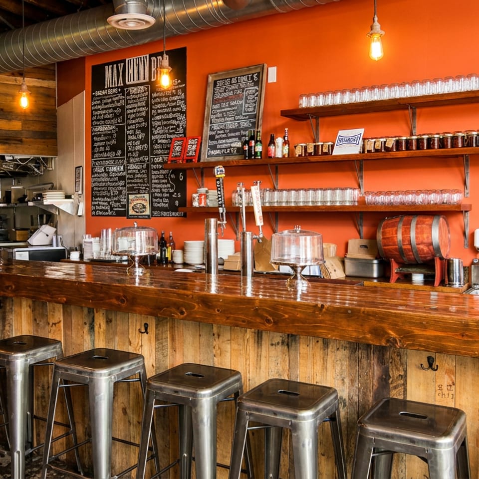 A rustic bar with a wooden counter, metal stools, and an orange wall with shelves of glasses.
