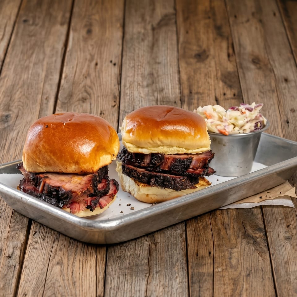 Two barbecue sandwiches on brioche buns with sliced smoked meat sit on a metal tray beside a bowl of coleslaw.