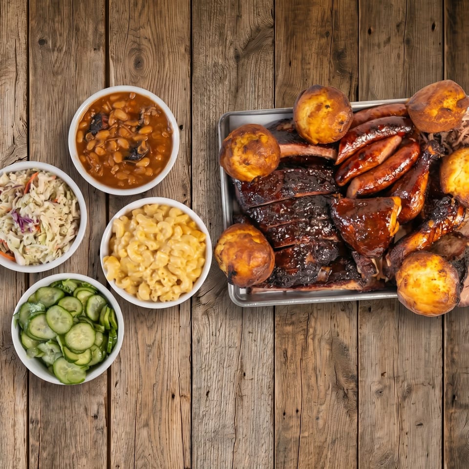 Barbecue feast with ribs, sausages, chicken, cornbread, baked beans, coleslaw, macaroni and cheese, and cucumber salad on a wooden table.