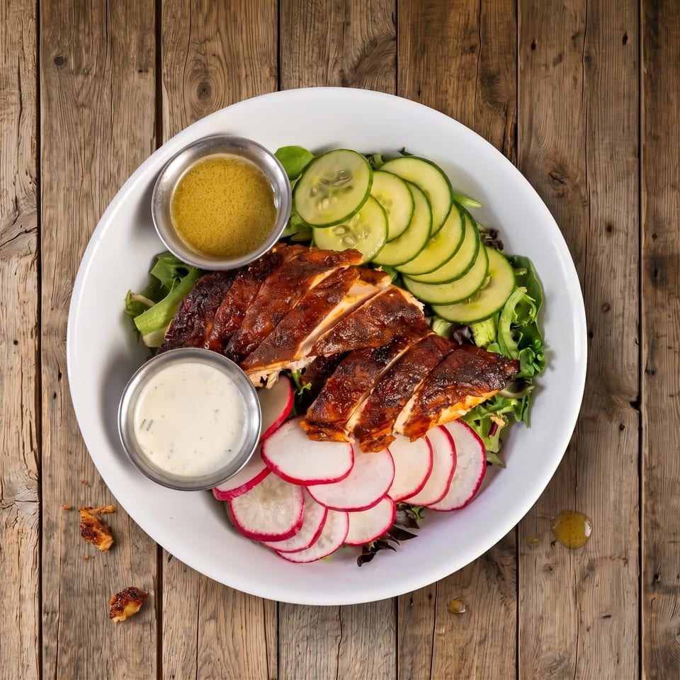 Grilled sliced chicken salad with leafy greens, cucumber, radishes, and two dipping sauces on a white plate.