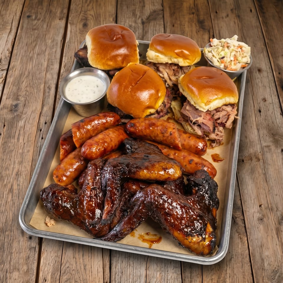 Barbecue platter with sauced ribs, smoked sausages, pulled pork sandwiches, coleslaw, and dipping sauce on a wooden table.
