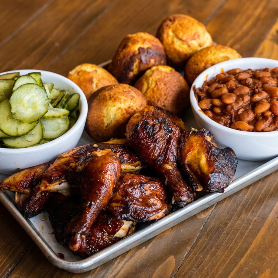Barbecue chicken, baked beans, pickles, and cornbread on a metal tray.