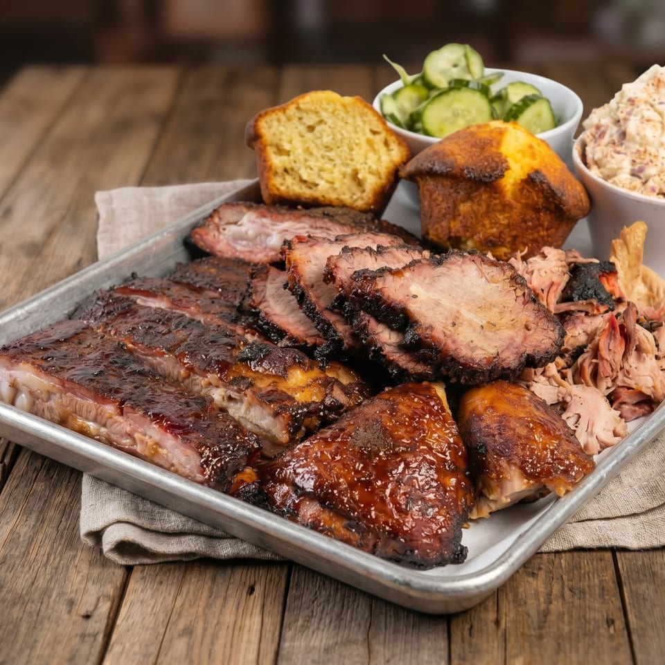 Tray of barbecue meats, including ribs, brisket, chicken, and pulled pork, served with cornbread, cucumber salad, and coleslaw.