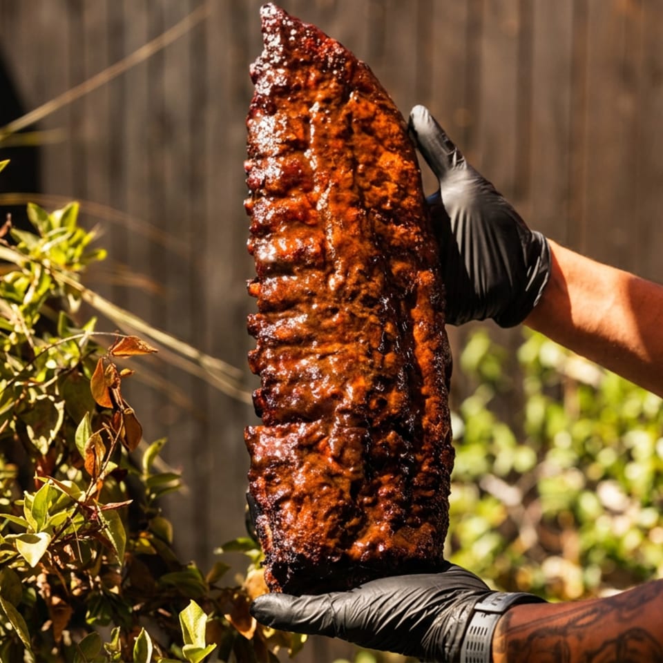 Gloved hands holding up a large, glistening rack of barbecued ribs outdoors.