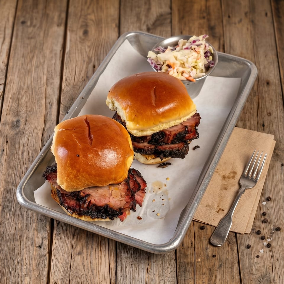 Two barbecue sandwiches on brioche buns sit on a metal tray with coleslaw, fork, and napkin on a rustic wooden table.