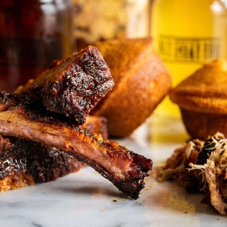 Smoked ribs, pulled pork, and corn muffins on a white marble surface with bottles in the background.